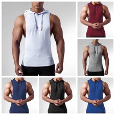 Mens Summer Fit Gym Hooded Sleeveless Cotton Blend Vest Solid Color Waiscoat