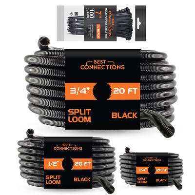 20 Ft Split Loom Combo 1/4'' 1/2'' 3/4'' Black Wire Harness W/ 7'' Cable Ties