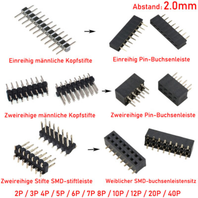 2,0mm Abstand 2P-40P Einreihig / Doppelreihig Männlicher / Weiblich Header Pin