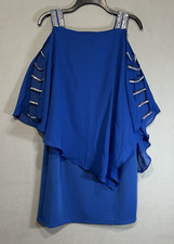 Blue Evening Dress Size Medium Rhinestone Straps Cut out sleeves Wedding Guest