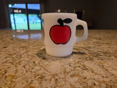 3 Vintage Anchor Hocking Fire King Milk Glass Fruit, Lemon, Apple, Lime Mugs