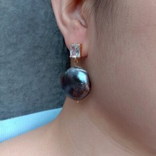 Women Dangle Earrings Freshwater Black Coin Pearl Drop Earrings