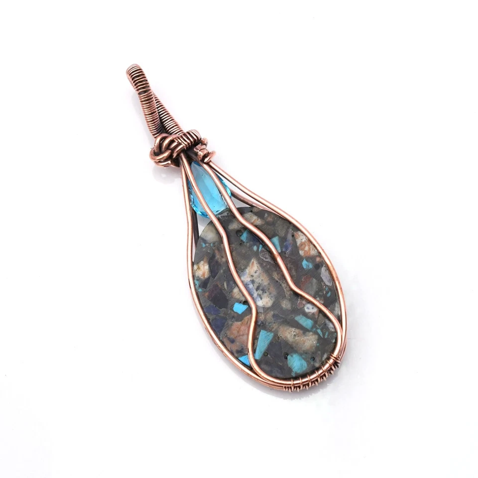 Colgante de joyería hecha a mano envuelto en alambre de cobre con piedras preciosas de sodalita de cobre 2,10" Foto 4 de 4