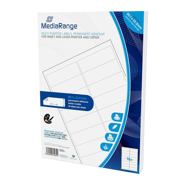 Mediarange Universal-Etiketten, Stark Haftend, 99.1X33.9Mm, Weiß, 800 Etiketten-image