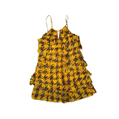 Ark & Co Silk Tiered Mini Dress Womens Medium Yellow Grey Ruffle Abstract