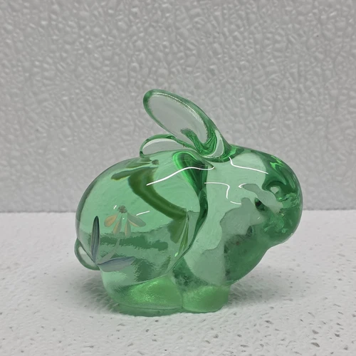 Fenton Glass Fern Green Yellow Floral Hand Painted Bunny Figurine Signed