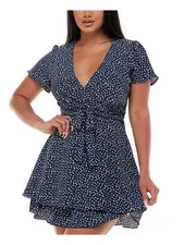 EMERALD SUNDAE Womens Blue Tie Lined Flutter Sleeve Short Fit + Flare Dress 5