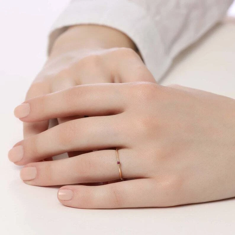 Natural Red Ruby Gemstone Simple Women Band Ring 14k Solid Gold Ring - Image 3 of 4