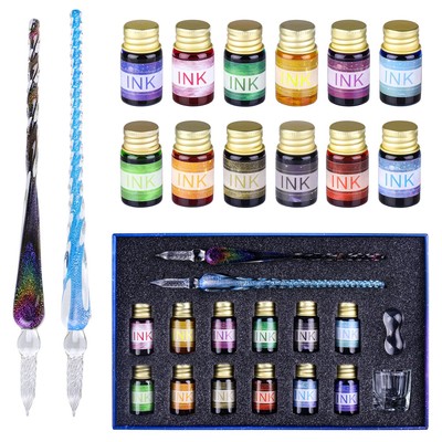 OFUN Glas Dip Pen Set, Crystal Ink Pen Set mit 2 Glasstiften, 12 bunte