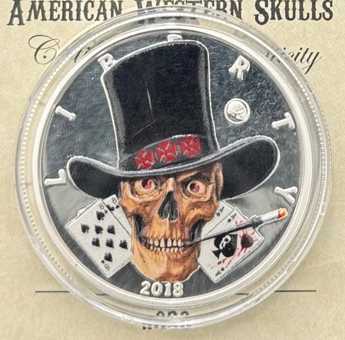 American Western Skulls Rare Colorized Gambler 1ozt .999 Silver Proof with COA