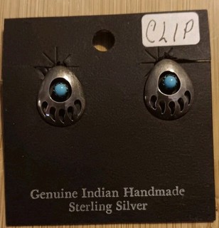 STERLING SILVER AND TURQUOISE BEAR PAW CLIP ON EARRINGS