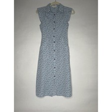 Monteau Dress Womens XS Blue White Floral Midi Button Front Sleeveless Preppy