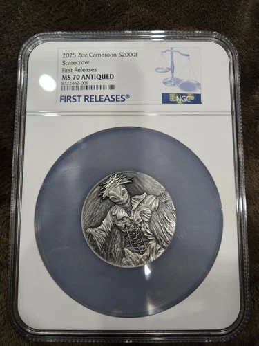 2025 Cameroon 2 oz Silver Antiqued NGC MS 70 Scarecrow 1st Release Glow in Dark