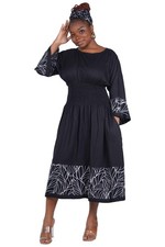African Trim Midi Dress Smocked, Headwrap Pockets 100 Rayon Patch work