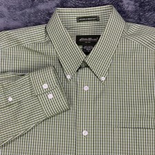 Eddie Bauer Button-Down Shirt Mens L Green Micro Check Wrinkle Resistant 1607