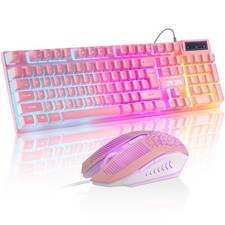 Pink Gaming Keyboard and Mouse Combo with LED, 104 Keys Wired Light Up Pink K...