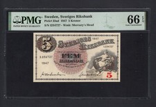 Sweden 5 Kronor 1947 P33ad Uncirculated Grade 66