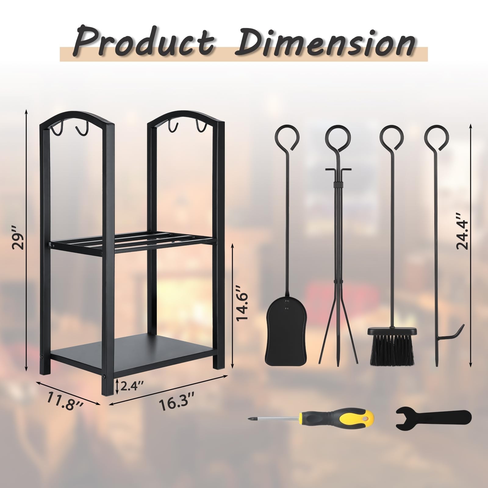 Firewood Rack Indoor Outdoor with Tools, 5-Piece Fireplace Tools Set, Firepla...