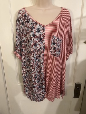 LIVE WELL Women s 22/24w Plus Top Floral Stripe, Front Pocket, Short Sleeve Soft