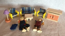 PLAN TOYS Wooden Dollhouse Furniture Neo Living Room and 2 Figures Lot of 12