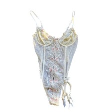 Vintage White Sheer Mesh Floral Embroidered Bodysuit cottage core Pink Rose