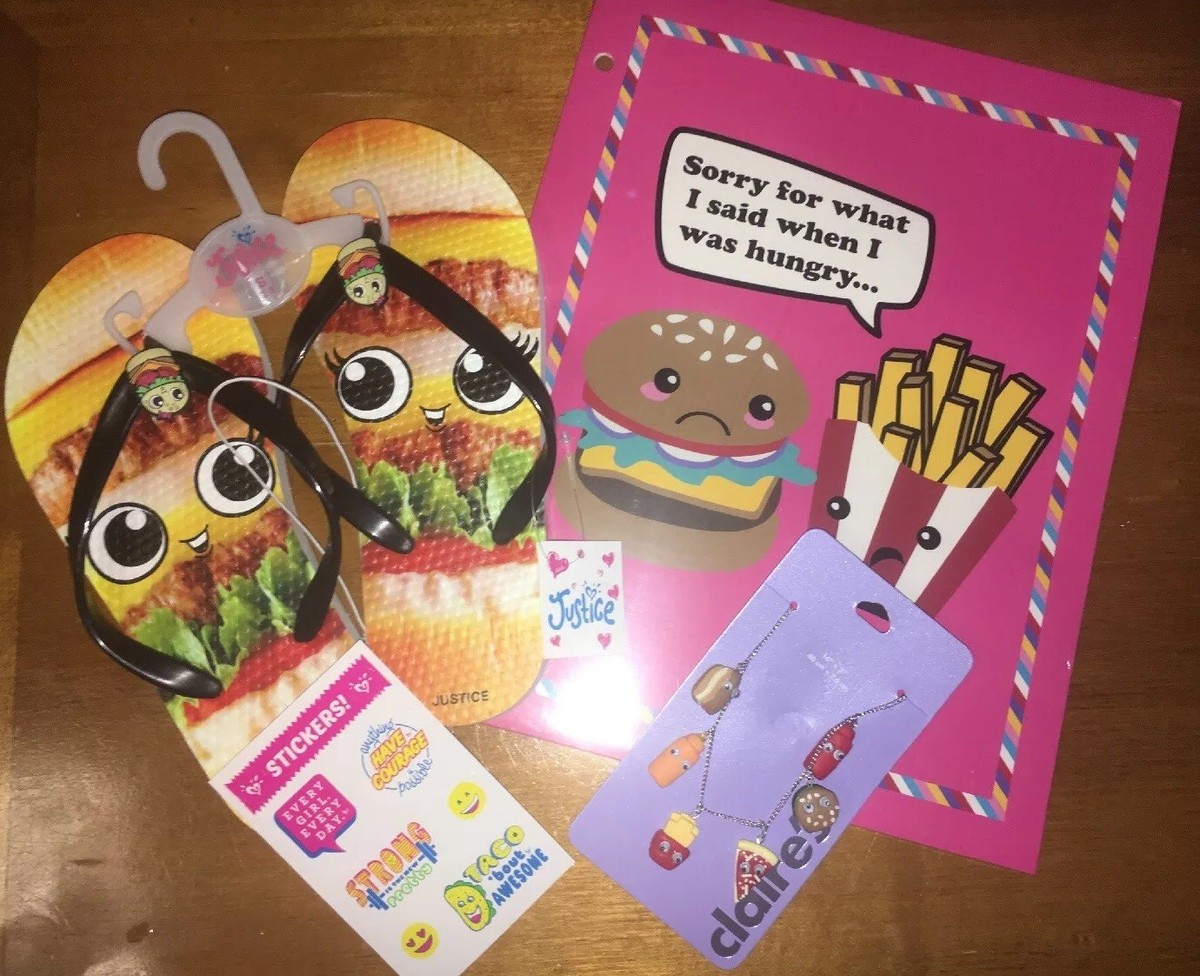 Justice Sz 2/3 Hamburger Flip Flops Claire's Fries Necklace