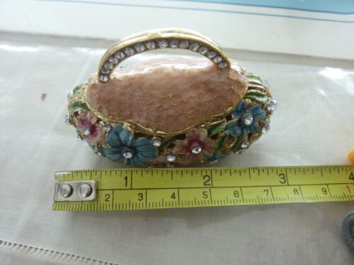 Enamel Metal Purse Clutch Magnetic Lid Floral Crystal Jewelry Trinket Box - Picture 6 of 9