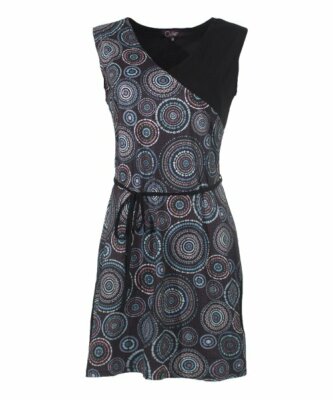 Coline Black Medallion color Block Tie-Waist Cap-Sleeve Dress Size L