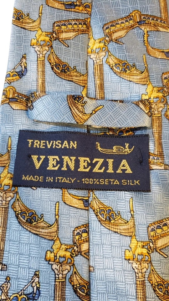 Corbata Trevisan Venezia Hombre Diseñador Lujo Azul Venecia Puentes Góndolas Foto 4 de 4