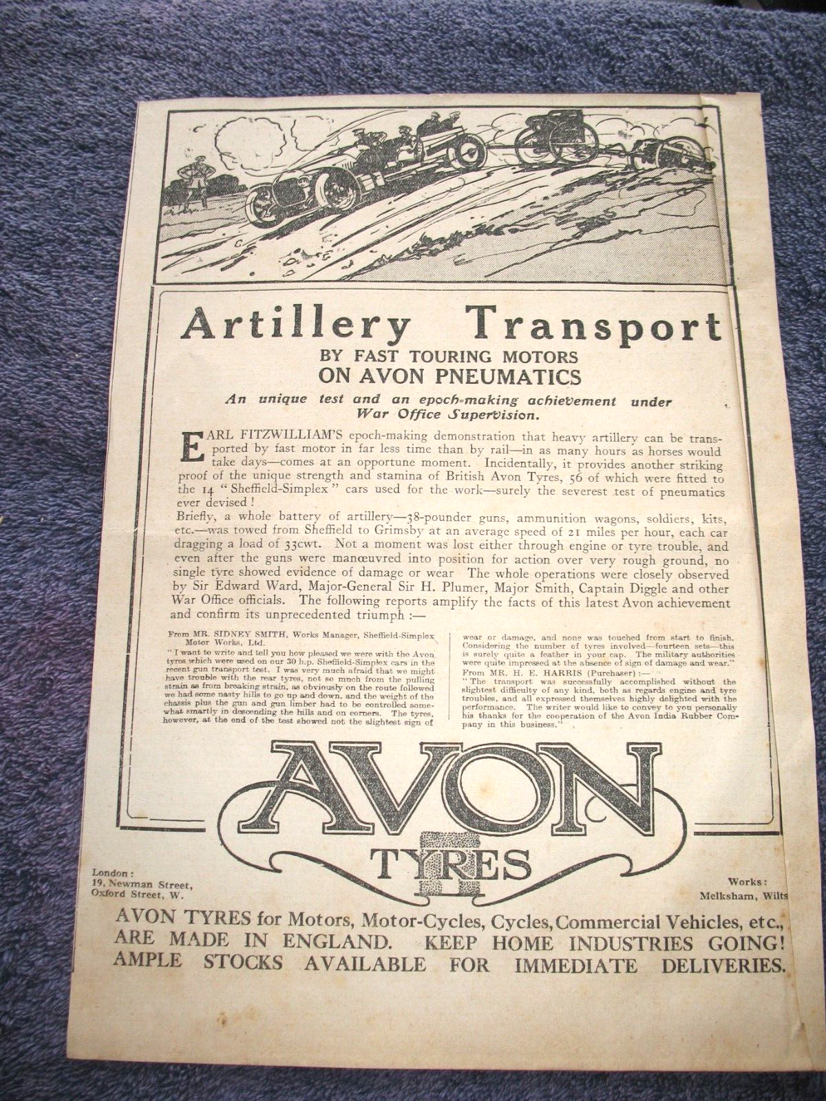 The Times Newspaper AVON TYRES ARTILLERY TRANSPORT Ad WW1 August 1914 (A6)