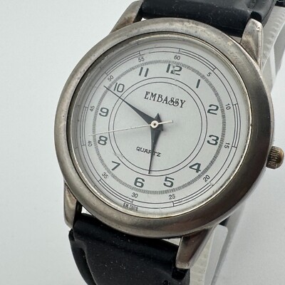 VTG Embassy Swiss Parts Quartz Watch Men Silver White Rubber Analog New Battery