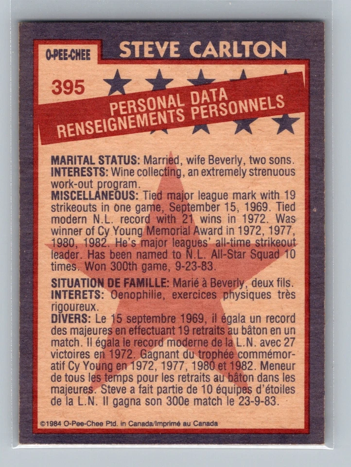 1984 O-Pee-Chee Steve Carlton AS #395 0 Philadelphia Phillie - NEAR MINT to MINT - Image 2 of 2