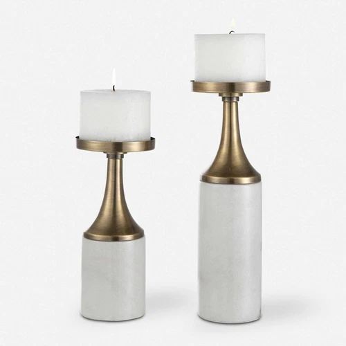 UTTERMOST 17546 CASTIEL SET OF 2 ELEGANT WHITE MARBLE CANDLEHOLDERS - Picture 3 of 4