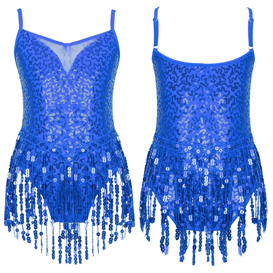 UK Kid's Girls Sequins Tassel Latin Dance Dress Jazz Modern Leotard Performance - Image 4 of 4