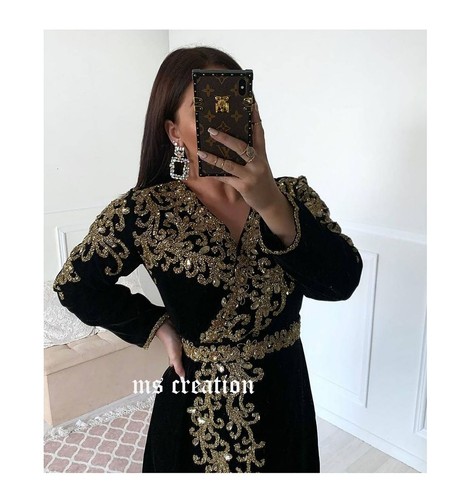 Sale!! Dubai Moroccan Velvet Kaftan Fish Cut Arabic Abaya Hand Beaded Caftan 061 - Picture 2 of 4