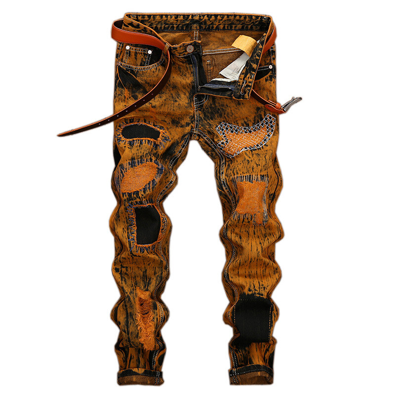 Men Retro Biker Jeans Denim Pants Zipper Ripped Slim Fit Distressed Stretch