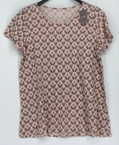 J Jill 100% Pima Cotton Shot Sleeve Round Neck Stretch Abstract Pink SZ L NEW