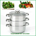 3PC 22CM STAINLESS STEEL STEAMER COOKER POT SET GLASS LIDS 3 TIER PAN COOK FOOD