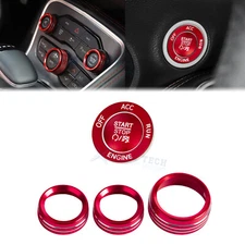 Red Power Ignition Switch Button AC Volume Knob Cover For Dodge Challenger 15-24