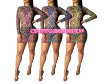 USA Women Sexy Summer O-Neck Long Sleeve Snakeskin Print Mini Dress #T