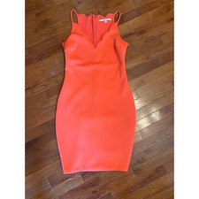 Guess Neon Coral Scalloped V-Neck Bodycon Scuba Dress