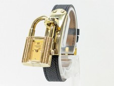 HERMES Kelly Diamond Bezel Watch Gold Dial Bl...