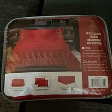 Cal King Velvet Leaf Pattern Red Quilted Bedspread Set, 4PCS Rectangular Bedroom