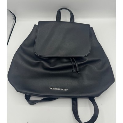 Victorias Secret Black Faux Leather Drawstring Backpack Silver Logo