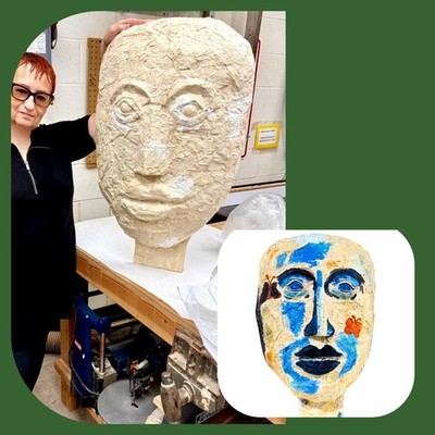 Large Mixed Media Paper Mache Relief Portrait Sculpture, Abstract Face Wall Art