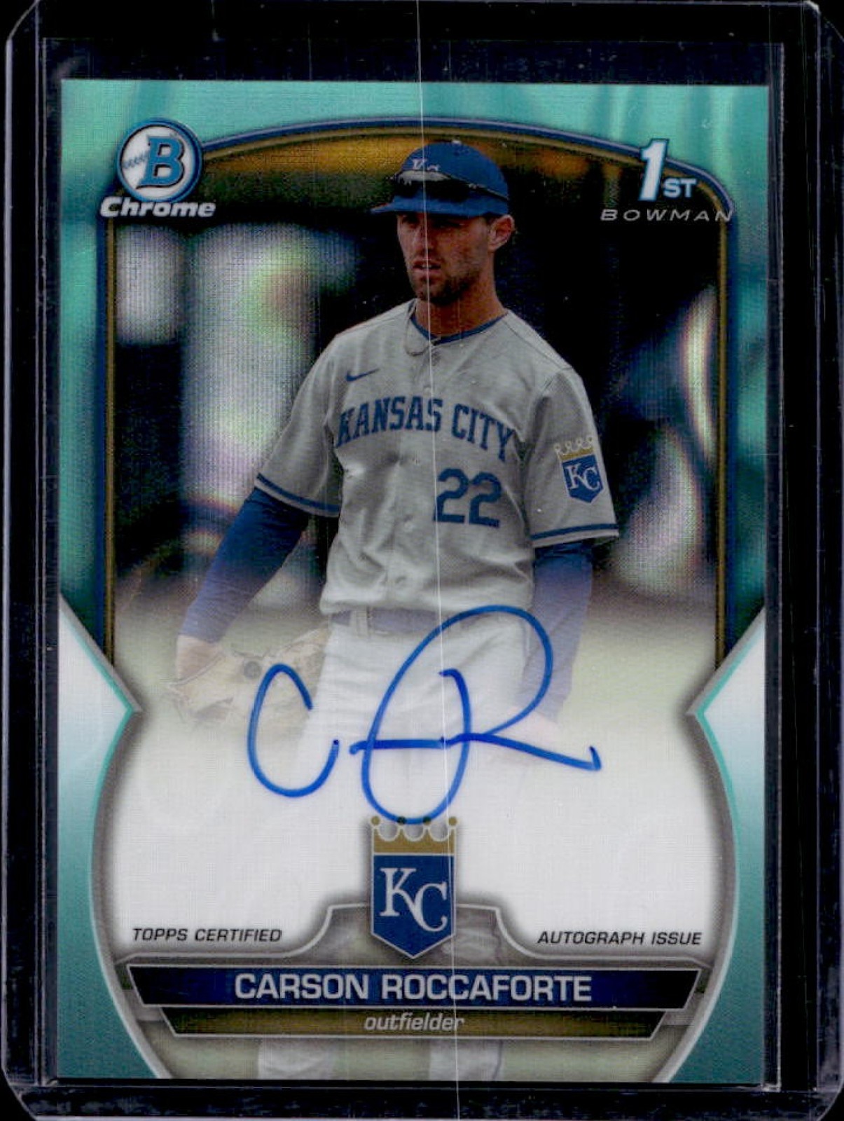 2023 Bowman Draft Carson Roccaforte Chrome Auto Aqua Lava Refractor 1st #/199