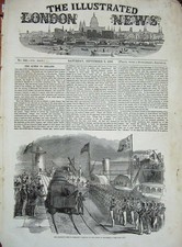 Original Old Antique Print 1853 Queen Ireland Holyhead Ship Railway Train 19th