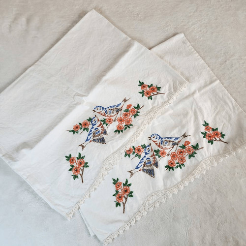 Vintage Handmade Embroidered Pillowcases with Birds