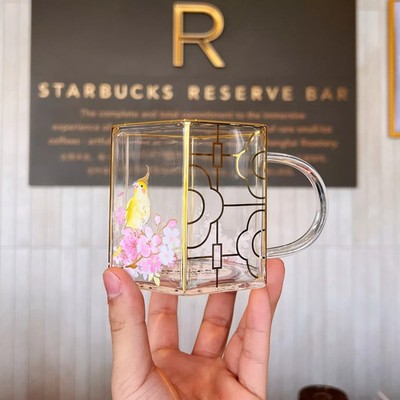 New 2022 China Starbucks Sakura Season Window Bird Hanami 14oz 6-sided Glass Mug