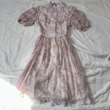 VINTAGE Gunne Sax Dress Girls 14 Pink Floral Lace High Neck Puff Sleeve USA 80s